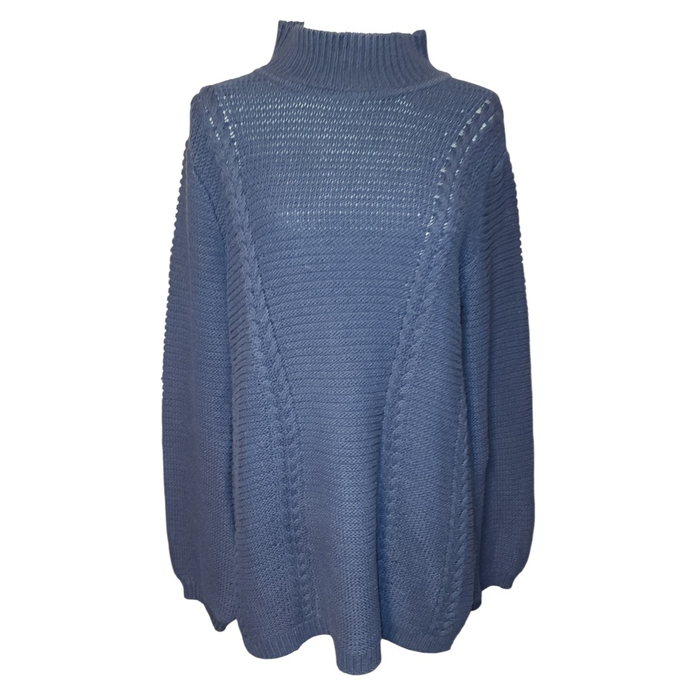 Sahalie Blue Cable Knit Mock Neck Sweater Size L Cotton Blend